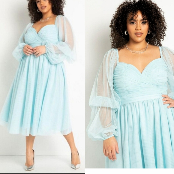 Eloquii Plus Size Puff Sleeve Tulle Romance Midi Dress Stratosphere Baby Blue 16 - Picture 2 of 12